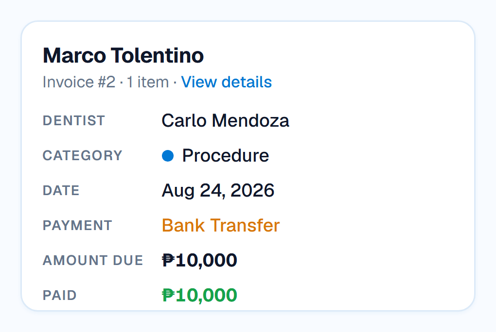 A payment record in DentaCloud showing the patient, procedure, dentist, category, payment method, amount due and amount paid